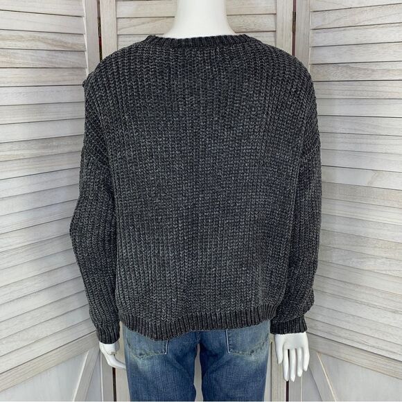 Just Found Ruffle Detail Chenille Sweater Gray Medium Crew Neck Waffle Knit - Picture 4 of 12